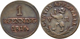 Schweiz: Appenzell-Ausserrhoden: 1 Pfennig 1816, HMZ 2-34a, vorzüglich.
 [taxed under margin system]