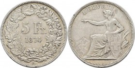 Schweiz: Eidgenossenschaft: 5 Franken 1874 B, HMZ 2-1197d, 24,87 g, kl. Randfehler, sehr schön.
 [taxed under margin system]