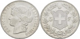 Schweiz: Eidgenossenschaft: 5 Franken 1890, HMZ 2-1198c, 24,92 g, sehr schön.
 [taxed under margin system]