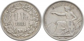 Schweiz: Eidgenossenschaft: 1 Franken 1851 A, HMZ 2-1203b, kleine Kratzer, serh schön.
 [taxed under margin system]