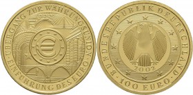 Deutschland: 100 Euro 2002 Währungsunion (G), in Originalkapsel und Etui, mit Zertifikat, Jaeger 493. 15,55 g, 999/1000 Gold. Stempelglanz.
 [plus 0 ...