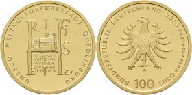 Deutschland: 100 Euro 2003 Quedlinburg (A), in Originalkapsel und Etui, mit Zertifikat, Jaeger 502. 15,55 g, (1/2 OZ), 999/1000 Gold. Stempelglanz.
 ...