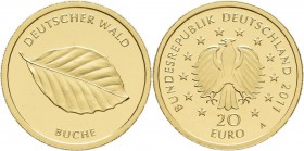 Deutschland: 20 Euro 2011 Buche A - Berlin. Serie Deutscher Wald. Jaeger 562. 3,89 g, 999/1000 Gold, in Originalkapsel mit Zertifikat, stempelglanz.
...