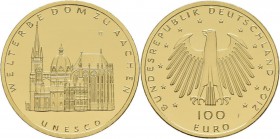 Deutschland: 4 x 100 Euro 2012 Dom zu Aachen (A,A,J,J), in Originalkapsel und Etui, mit Zertifikat, Jaeger 574. Jede Münze wiegt 15,55 g, 999/1000 Gol...