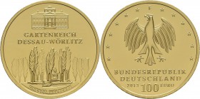 Deutschland: 100 Euro 2013 Gartenreich Dessau-Wörlitz (F - Stuttgart), in Originalkapsel und Etui, mit Zertifikat, Jaeger 582. 15,55 g, 999/1000 Gold....