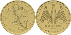 Deutschland: 100 Euro 2015 Oberes Mittelrheintal D - München. In Originalkapsel und Etui, mit Zertifikat, Jaeger 602. 15,55 g, 999/1000 Gold. Stempelg...