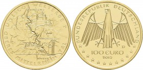 Deutschland: 100 Euro 2015 Oberes Mittelrheintal D - München. In Originalkapsel und Etui, mit Zertifikat, Jaeger 602. 15,55 g, 999/1000 Gold. Stempelg...