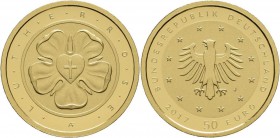 Deutschland: 5 x 50 Euro 2017 Lutherrose (A,D,F,G,J), in Originalkapsel und Etui, mit Zertifikat, Jaeger 618. Jede Münze wiegt 7,78 g, (1/4 OZ) 999/10...