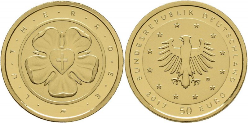 Deutschland: 50 Euro 2017 Lutherrose (D), in Originalkapsel und Etui, mit Zertif...