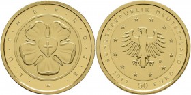 Deutschland: 50 Euro 2017 Lutherrose (D), in Originalkapsel und Etui, mit Zertifikat, Jaeger 618. 7,78 g, (1/4 OZ) 999/1000 Gold. Stempelglanz.
 [plu...