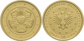 Deutschland: 50 Euro 2017 Lutherrose (F), in Originalkapsel und Etui, mit Zertifikat, Jaeger 618. 7,78 g, (1/4 OZ) 999/1000 Gold. Stempelglanz.
 [plu...