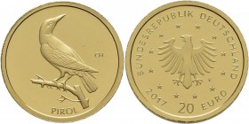 Deutschland: 20 Euro 2017 Pirol (F), Serie Heimische Vögel. In Original Kapsel, mit Zertifikat. Jaeger 619. 3,89 g, (1/8 OZ), 999/1000 Gold. Stempelgl...