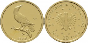Deutschland: 20 Euro 2017 Serie Heimische Vögel: Pirol (G). In Original Kapsel, mit Zertifikat. Jaeger 619. 3,89 g, (1/8 OZ), 999/1000 Gold. Stempelgl...