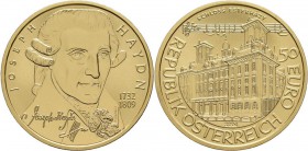 Österreich: 50 Euro 2004 Grosse Komponisten - Joseph Haydn. KM# 3110, Fb 941. In Kapsel, Schatulle, Zertifikat und Umkarton. 10,14 g, 986/1000 Gold. P...