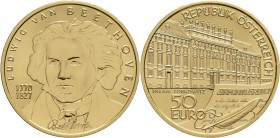 Österreich: 50 Euro 2005 Grosse Komponisten - Ludwig van Beethoven. KM# 3118, Fb 943. In Kapsel, Schatulle, Zertifikat und Umkarton. 10,14 g, 986/1000...