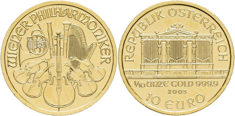Österreich: 10 Euro 2005, Wiener Philharmoniker, Gold 999,9, 1/10 Unze, Stempelg...