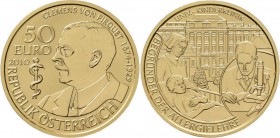 Österreich: 50 Euro 2010 Baron Clement von Pirquet. KM# 3194, Fb 953. In Kapsel, Schatulle, Zertifikat und Umkarton. 10,14 g, 986/1000 Gold. Polierte ...