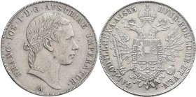 Haus Habsburg: Franz Joseph I. 1848-1916: Taler (2 Gulden) 1855 A. Herinek 427, Jaeger 296. 25,90 g. Kratzer, sehr schön.
 [taxed under margin system...