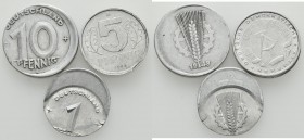 DDR: Fehlprägungen, Lot 3 Münzen: 1 Pfennig 1948/1950, Jaeger 1501, ca. 30% dezentriert, 10 Pfennig 1948 A, Jaeger 1503, ca. 10% dezentriert, 5 Pfenni...