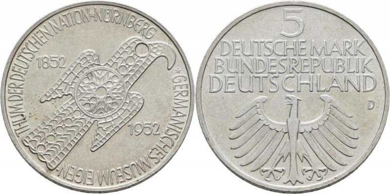 Bundesrepublik Deutschland 1948-2001: 5 DM 1952 D, Germanisches Museum, Jaeger 3...