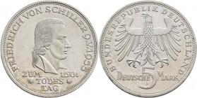 Bundesrepublik Deutschland 1948-2001: 5 DM 1955 F, Friedrich Schiller, Jaeger 389, feine Kratzer, sehr schön.
 [taxed under margin system]