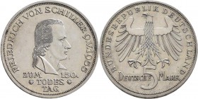 Bundesrepublik Deutschland 1948-2001: 5 DM 1955 F, Friedrich Schiller, Jaeger 389, feine Kratzer, sonst vorzüglich.
 [taxed under margin system]