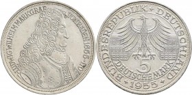 Bundesrepublik Deutschland 1948-2001: 5 DM 1955 G, Markgraf von Baden, Jaeger 390, feine Kratzer, sehr schön.
 [taxed under margin system]