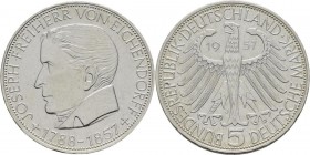 Bundesrepublik Deutschland 1948-2001: 5 DM 1957 J, Freiherr von Eichendorff, Jaeger 391, kleine Kratzer, fast vorzüglich.
 [taxed under margin system...
