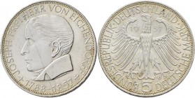 Bundesrepublik Deutschland 1948-2001: 5 DM 1957 J, Freiherr von Eichendorff, Jaeger 391, kleine Kratzer, sehr schön-vorzüglich.
 [taxed under margin ...
