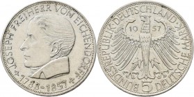 Bundesrepublik Deutschland 1948-2001: 5 DM 1957 J, Freiherr von Eichendorff, Jaeger 391, Kratzer, sehr schön.
 [taxed under margin system]