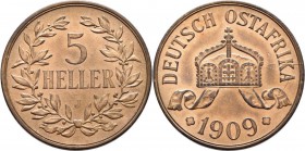 Deutsch-Ostafrika: 5 Heller 1909 J, die Größte deutsche Kupfermünze, Jaeger 717, vorzüglich +.
 [taxed under margin system]