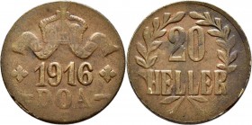 Deutsch-Ostafrika: 20 Heller 1916 T, Tabora, Notmünze aus Bronze, Jaeger 725c, sehr schön.
 [taxed under margin system]