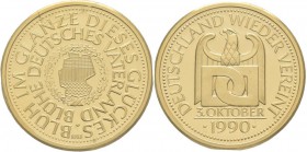 Medaillen Deutschland: Wiedervereinigung 3. Oktober 1990: Goldmedaille 9,84 g, 999,9/1000 gestempelt. Adler, Deutschland wieder vereint / Landkarte BR...