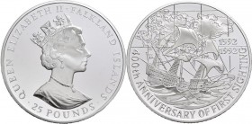 Falkland Inseln: 25 Pounds 1992, 400th Anniversary Of First Sighting, Silber 925/1000, 155,58 g, KM# 39, mit Zertifikat und Original-Etui, beschädigte...