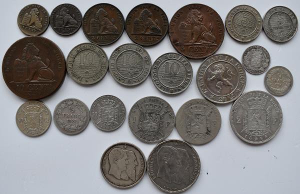 Belgien: Lot 22 belgische Münzen aus dem 19. Jahrhundert. 1 Cent bis 2 Francs, d...