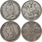 Großbritannien: Victoria 1837-1901: Lot 4 Stück, Crown 1847, 1887, 1893 LVII und 2 Florin 1887, sehr schön.
 [taxed under margin system]