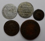 Polen: Königreich, Lot 5 Münzen 18. Jahrhundert, dabei: Thorun Trojak 1763, 10 gr. miedz. 1790, Grossus 1775, Solidus 1752, Trojak 1793.
 [taxed unde...
