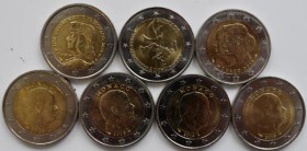 Monaco: Albert II. 2005-,: 7 x 2 Euro Münzen. Dabei Gedenkmünzen 2011, 2012, 2013 sowie Umlaufmünzen 2009, 2012, 2014, 2015. Münzen teils angelaufen, ...