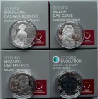 Österreich: Lot 4 Münzen: 25 Euro Niob Evolution, 20 Euro 2015 Wolfgang Das Wunderkind, 2016 Amadeus Das Genie, 206 Mozart Der Mythos. Alle Münzen in ...