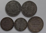 Bayern: Lot 5 Silbermünzen Bayern: 2 x 20 Kreuzer, 2 x ½ Gulden, 1 x 1 Gulden.
 [taxed under margin system]