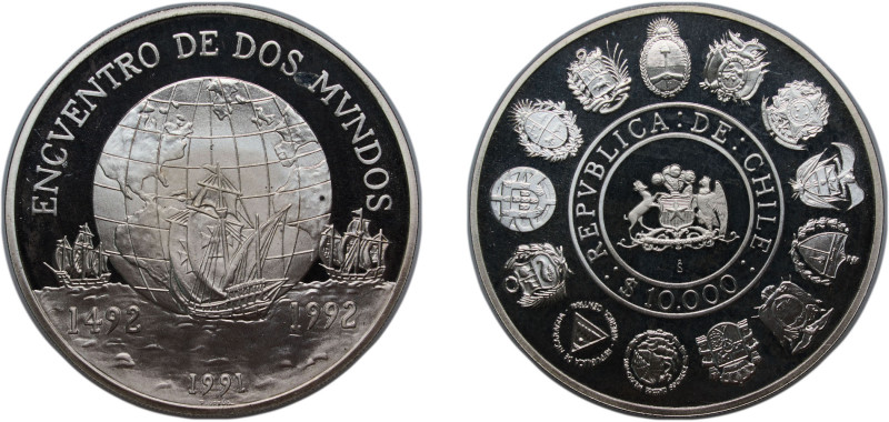Chile Republic 1991 So 10 000 Pesos (Ibero-American Series) Silver (.925) Santia...