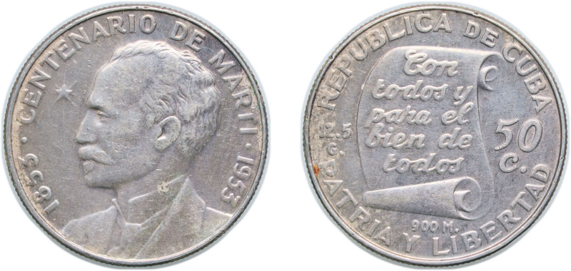 Cuba First Republic 1953 50 Centavos (José Martí) Silver (.900) Philadelphia Min...