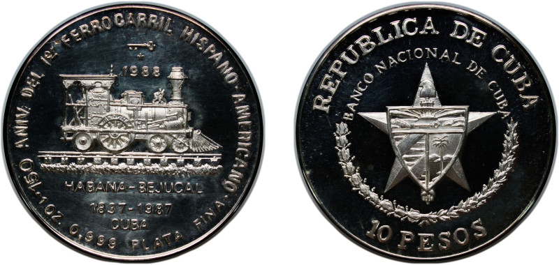 Cuba Second Republic 1988 10 Pesos (First Cuban Railroad) Silver (.999) Havana M...