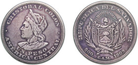 El Salvador Republic 1909 C.A.M. 1 Peso Silver (.900) San Francisco Mint (693170) 24.9g VF KM 115