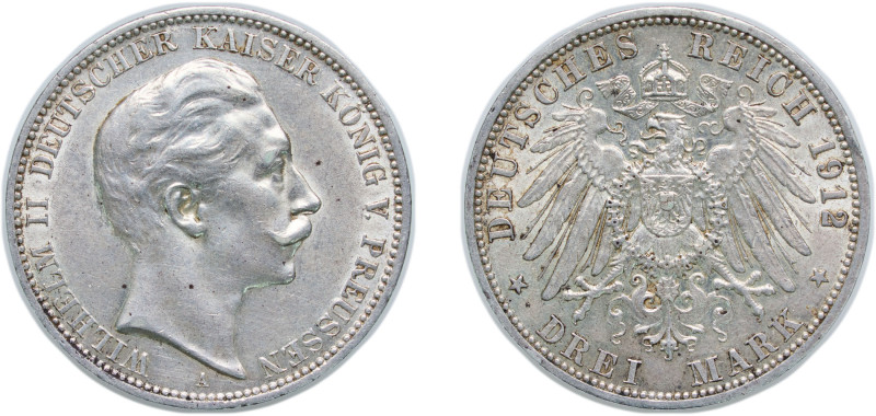 Germany Kingdom of Prussia Second Empire 1912 A 3 Mark - William II Silver (.900...