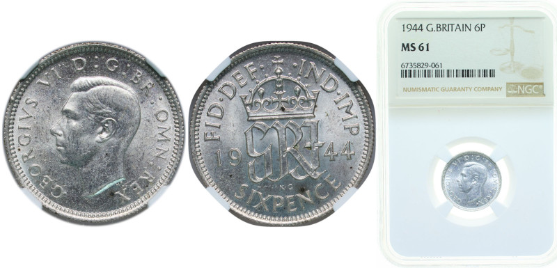 Great Britain United Kingdom 1944 6 Pence - George VI (1st coinage) Silver (.500...
