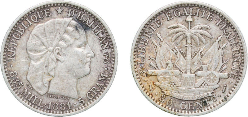 Haiti First Republic 1881 A 20 Centimes Silver (.835) Paris Mint (1250000) 5g XF...