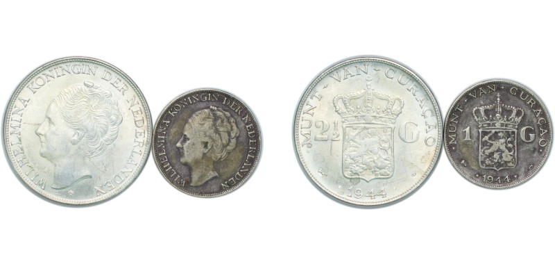 Netherlands Antilles Curaçao Dutch colony 1944 D Gulden - Wilhelmina (2 Lots) Si...
