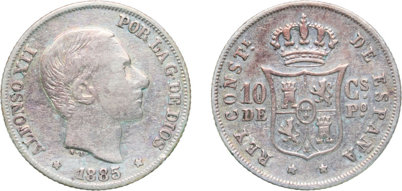 Philippines Spanish colony 1885 10 Centimos - Alfonso XII Silver (.835) Manila M...