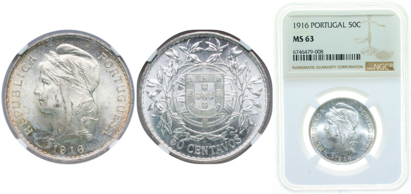 Portugal First Republic 1916 50 Centavos Silver (.835) Lisbon Mint (5080000) 12....